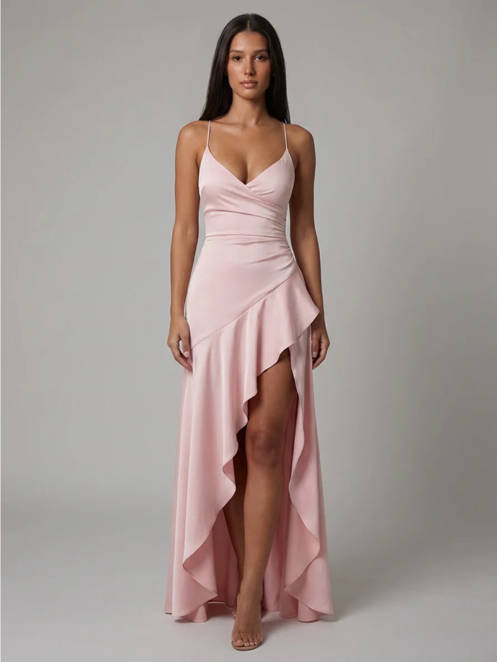 Spaghetti Strap Blush High-Low Ruffle Dress